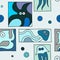 Seamless vector blue background with hand drawn decorative childlike fish, jellyfish, octopus, starfish. Graphic illustration.