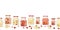 Seamless vector border with cans of canned fruits and jams, apples and rose hips. Illustration of a banner of home supplies.