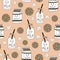Seamless vector cartoon pattern with doodle cans and cardboard boxes of milk and hand drawn cookies