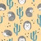 Seamless vector childish pattern with cute watercolor hedgehog and cactus