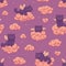 Seamless vector children`s pattern of cute lilac winged kittens on the clouds on the background of the sunset sky