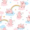 Seamless vector cute pig unicorn pattern. Baby print.
