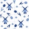 Seamless vector delftware pattern with tulips and mills