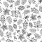 Seamless vector doodle leaves background. Black leaves on a white background. Acorns, oak tree, maple tree pattern. Monochrome