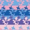 Seamless vector fairytale striped pattern with dragons and knights in pinks and blues