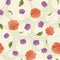 Seamless vector floral pattern with abstract flowers in pastel red and purple colors. Polka dot background with embroidery and