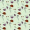 Seamless vector floral pattern with insects. Cute background with drawn ladybugs and roses.