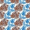 Seamless vector folk pattern with brown lowers and blue leaves