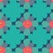 Seamless vector geometric pattern with teal diamond shapes and simple coral colored flowers