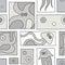 Seamless vector grey background with hand drawn decorative childlike fish, jellyfish, octopus, starfish. Graphic illustration. Pri
