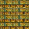 Seamless vector Halloween monsters signs patterns. Repeat orange signs on green and black stripes background. For fabric, cover, w