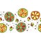 Seamless vector hand drawn childish pattern, border, with fruits. Cute childlike lime, lemon, orange, grapefruit with leaves, seed