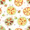 Seamless vector hand drawn childish pattern, border, with fruits. Cute childlike lime, lemon, orange, grapefruit with leaves, seed