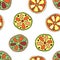 Seamless vector hand drawn childish pattern with fruits. Cute childlike lime, lemon, orange, grapefruit with leaves, seeds, drops.