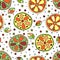 Seamless vector hand drawn childish pattern with fruits. Cute childlike lime, lemon, orange, grapefruit with leaves, seeds, drops.