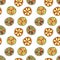 Seamless vector hand drawn childish pattern with fruits. Cute childlike lime, lemon, orange, grapefruit with leaves, seeds, drops.