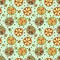 Seamless vector hand drawn childish pattern with fruits. Cute childlike lime, lemon, orange, grapefruit with leaves, seeds, drops.