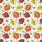 Seamless vector hand drawn childish pattern with fruits. Cute childlike strawberries with leaves, seeds, drops. Doodle, sketch, ca