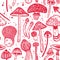 Seamless vector hand-drawn toadstool pattern. Stylized image of hallucinogenic mushrooms. Fantasy drawing concept of psilocybin