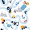 Seamless vector highlands road map pattern in scandinavian style. Landscape background with funny road, monster trucks