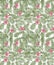 Seamless vector jungle pattern with palms leaves and pink tropical flowers