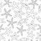 Seamless vector outline cartoon pattern of sea stars. Smiling starfish with eyes. Doodle of Marine invertebrates with five arms,