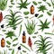 Seamless vector pattern of aloe vera branch and leaves. Hand drawn. Engraved colored medical, cosmetic plant