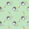 Seamless vector pattern with animals. Cute background with grey cats and colorful balloons on the green backdrop