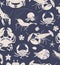 Seamless vector pattern with animals under water. Crab, shrimp, lobster, crayfish on blue background. Hand drawing sketch