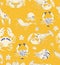 Seamless vector pattern with animals under water. Crab, shrimp, lobster, crayfish on yellow background. Hand drawing sketch