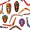 Seamless vector pattern with Australian boomerangs and African masks.