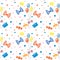 Seamless vector pattern. Background with colorful ballons, bows food and gifts on the white backdrop