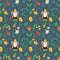 Seamless vector pattern with bearded gnomes, elves, plants, leaves and flowers on dark background