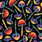 Seamless vector pattern of beautiful psilocybin mushrooms. Fantastic wallpaper of hallucinogenic mushrooms. Amazing wrapping paper