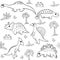 Seamless vector pattern in black and white on a white background with various cute cartoon dinosaurs, palm trees, leaves