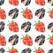 Seamless vector pattern, bright background with closeup decorative ornamental strawberries and ladybugs, on the white backdrop