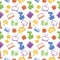 Seamless vector pattern. Bright chaotic background with colorful elements of home decor on the white backdrop