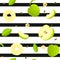 Seamless vector pattern of bright fruit. Striped background with delicious green apples, whole, slice, half, , leaves