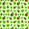 Seamless vector pattern, bright fruits chaotic background with kiwi, whole and half over light green backdrop