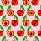 Seamless vector pattern, bright fruits symmetrical background with cherry, whole and half over light backdrop.