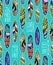 Seamless vector pattern with bright surfboards and stylish phrases on the blue background.