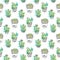 Seamless vector pattern with cactus. Colorful background with watercolor splashes and cacti. Succulent collection.