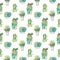 Seamless vector pattern with cactus. Colorful background with watercolor splashes and cacti. Succulent collection.