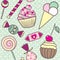 Seamless vector pattern with cartoon cute candies, ice-cream and