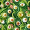 Seamless vector pattern of cartoon eyes and tentacles of monsters with green skin, orange and yellow eyes.