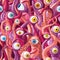 Seamless vector pattern of cartoon eyes and tentacles of monsters with pink skin, blue and yellow eyes
