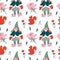 Seamless vector pattern for Christmas in bright colors in flat style. Holiday print with girl,squirrel