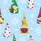 Seamless vector pattern for Christmas. Christmas gnomes with gifts, holly and star on a blue background with snowflakes.