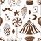 Seamless vector pattern. Circus tent, moon, balloon, clown, hat, ice cream, popcorn, lollipops