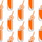 Seamless vector pattern with closeup glasses with juice and oranges on the white background.